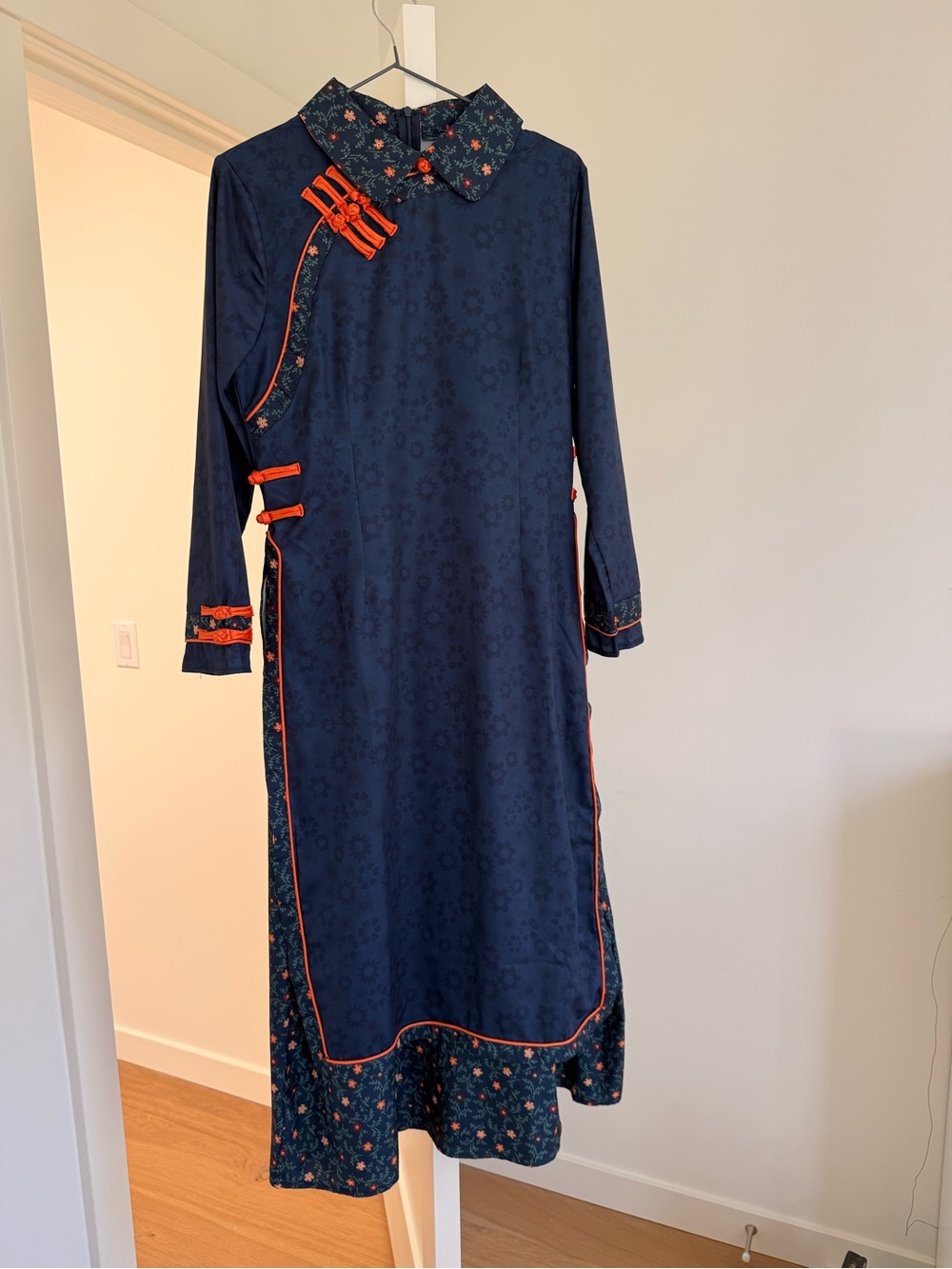 Navy Floral-Trim Long Sleeve Qipao Dress with Orange Piping China 6 Hanfu
